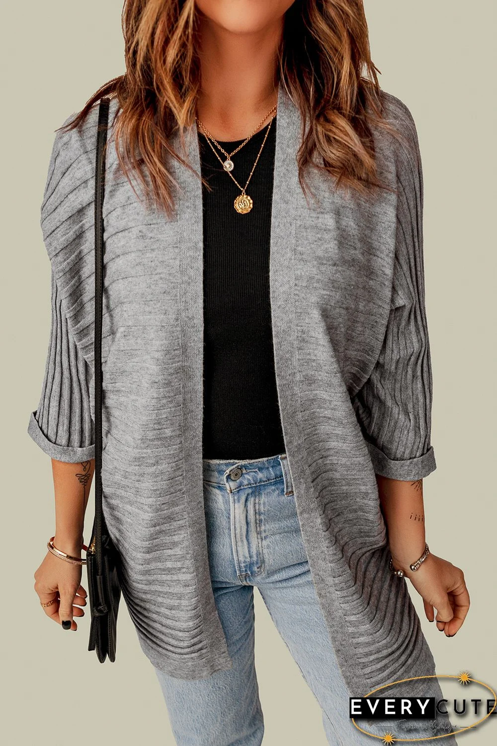 Grey Ribbed Open Front Knit Cardigan