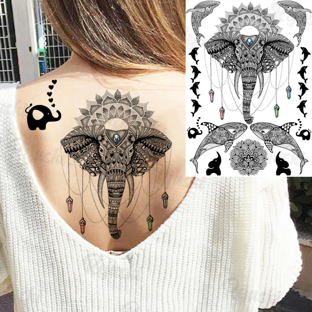 Sdrawing Elephant Pendant Temporary Tattoos For Women Men Lion Butterfly Snake Feather Fake Tattoo Sticker Glamour Back Body Tatoos