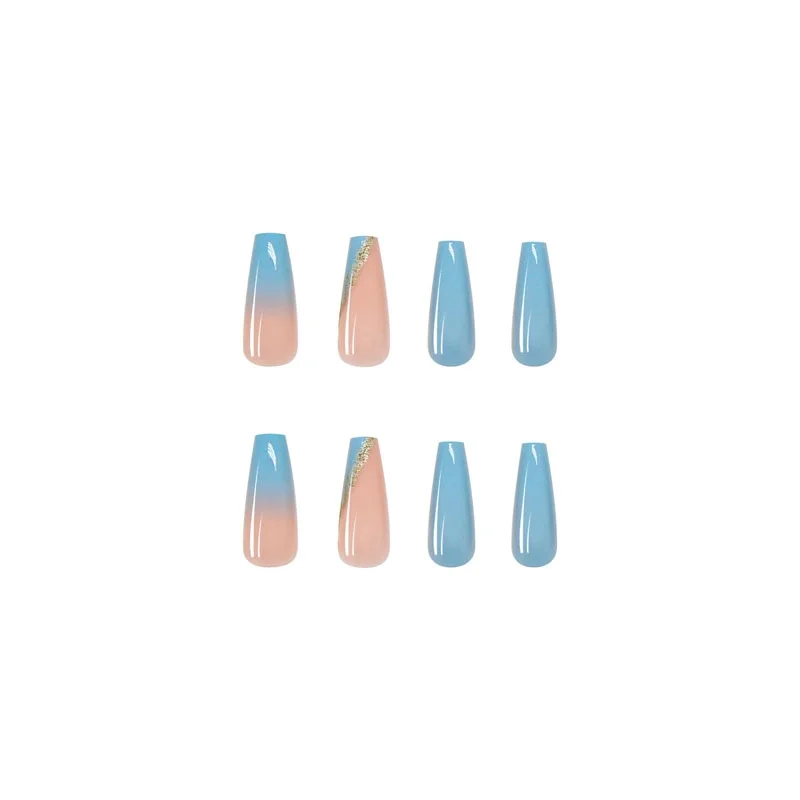 24pcs French False Nails Detachable Gradient Blue Flower Wedding Bride Ballerina Nail Art Tips with Sticker Coffin Fake Nails-Nail Inspo