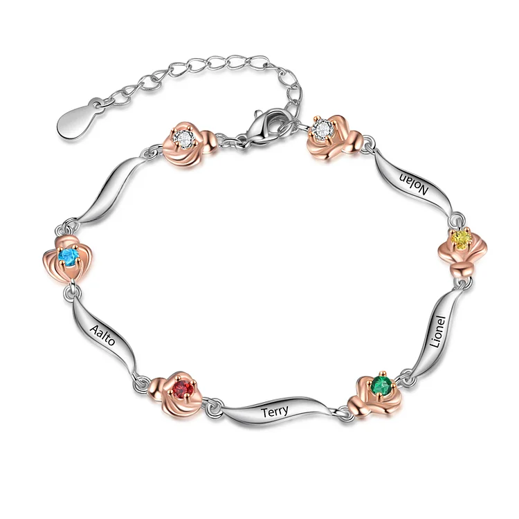 Pulsera rosa 4 nombres personalizados con 4 piedras de nacimiento