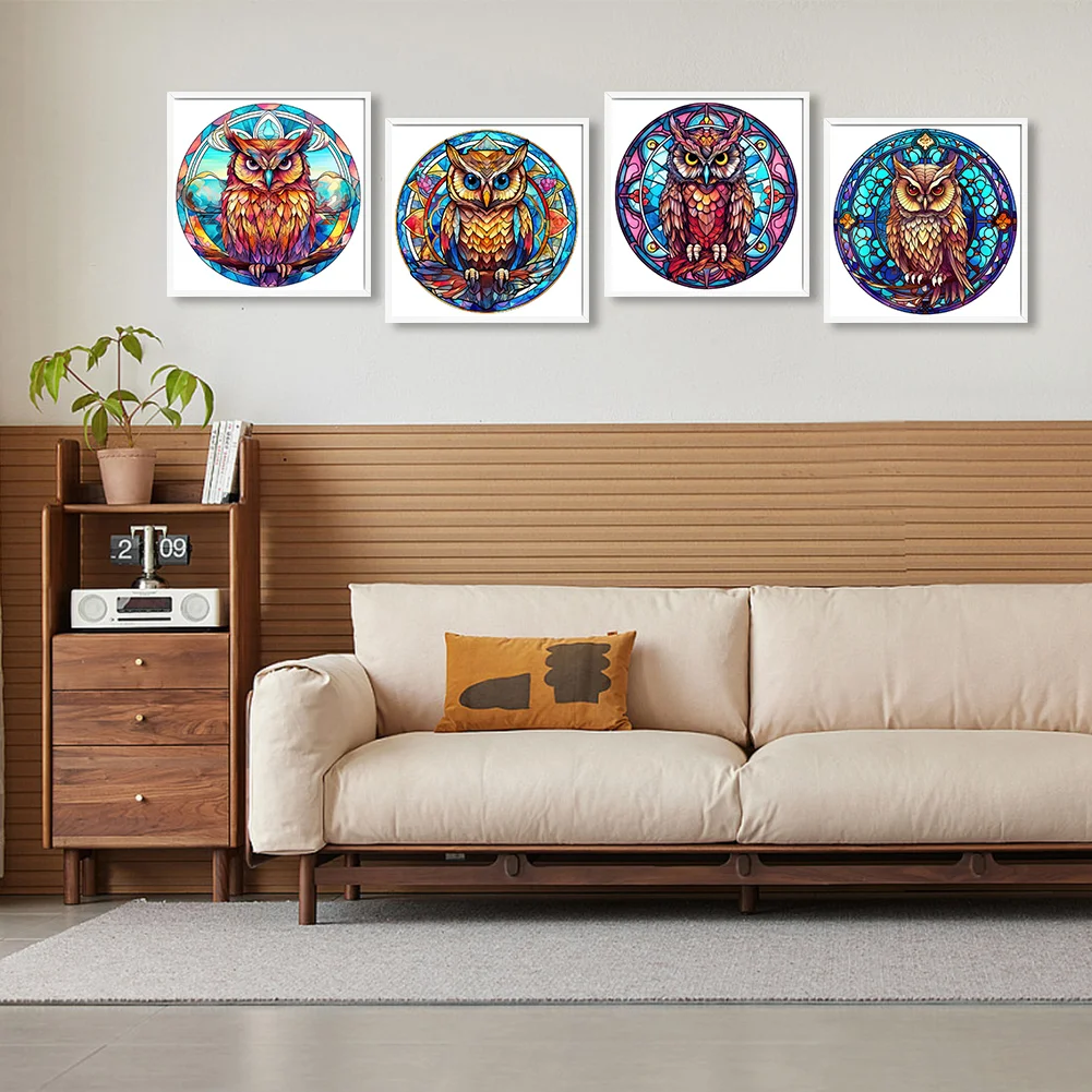 4pcs/Set Diamond Painting - Full Round Drill - Stained Glass Owl(Canvas|30*30cm)