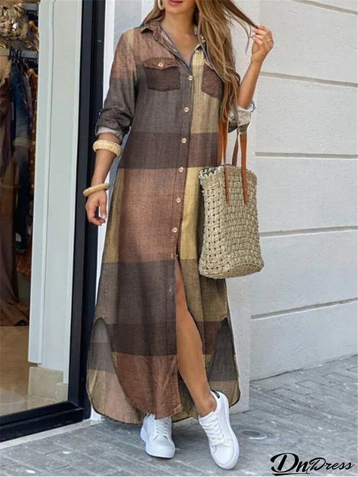 Fashion Plaid Color Matching Long Shirts Dress