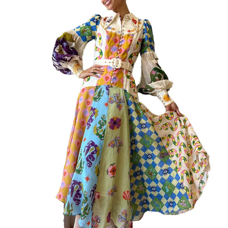 Uveng Uveng New Personality Graffiti Women's Lantern Sleeve Long Sleeve Waist Large Swing Winter Dress