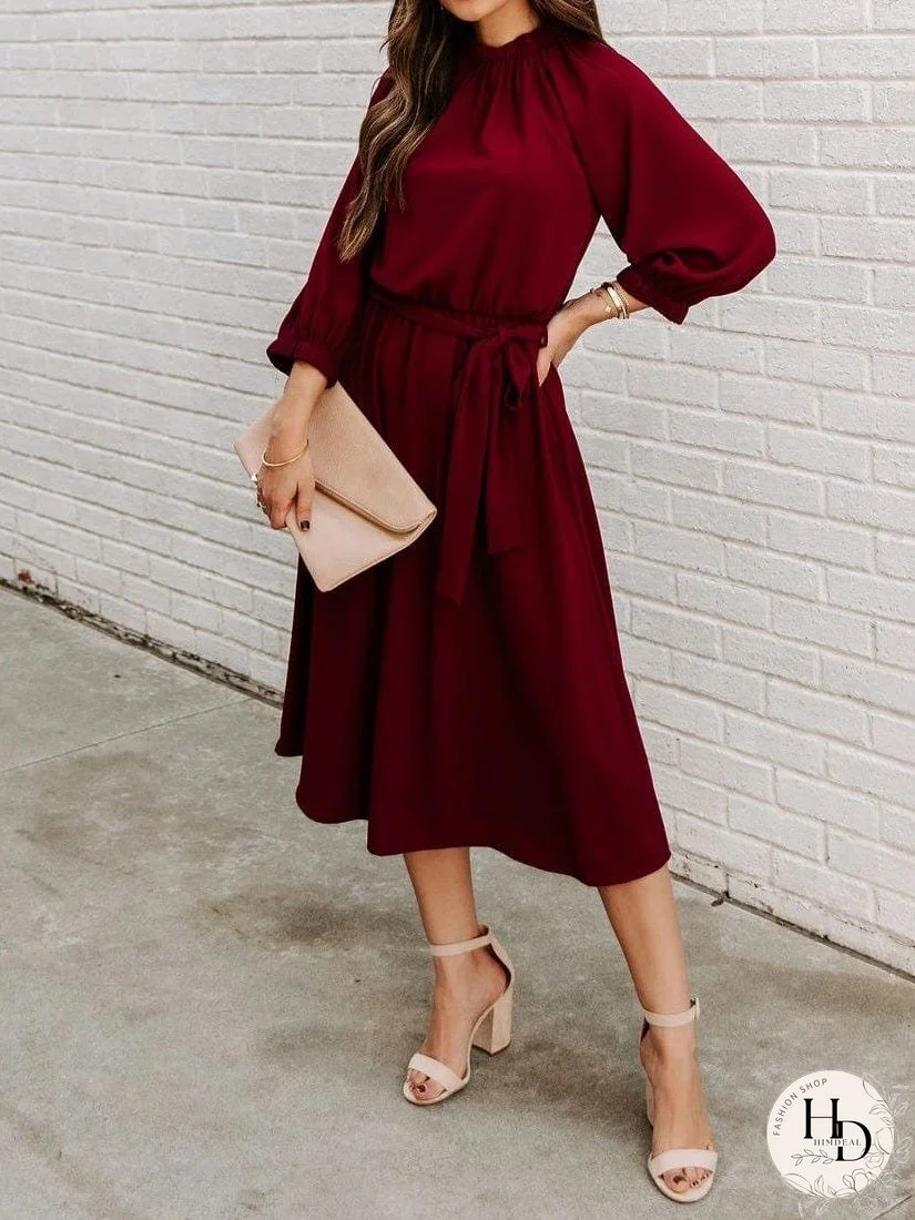 Round Neck Belted Long Sleeve Dress