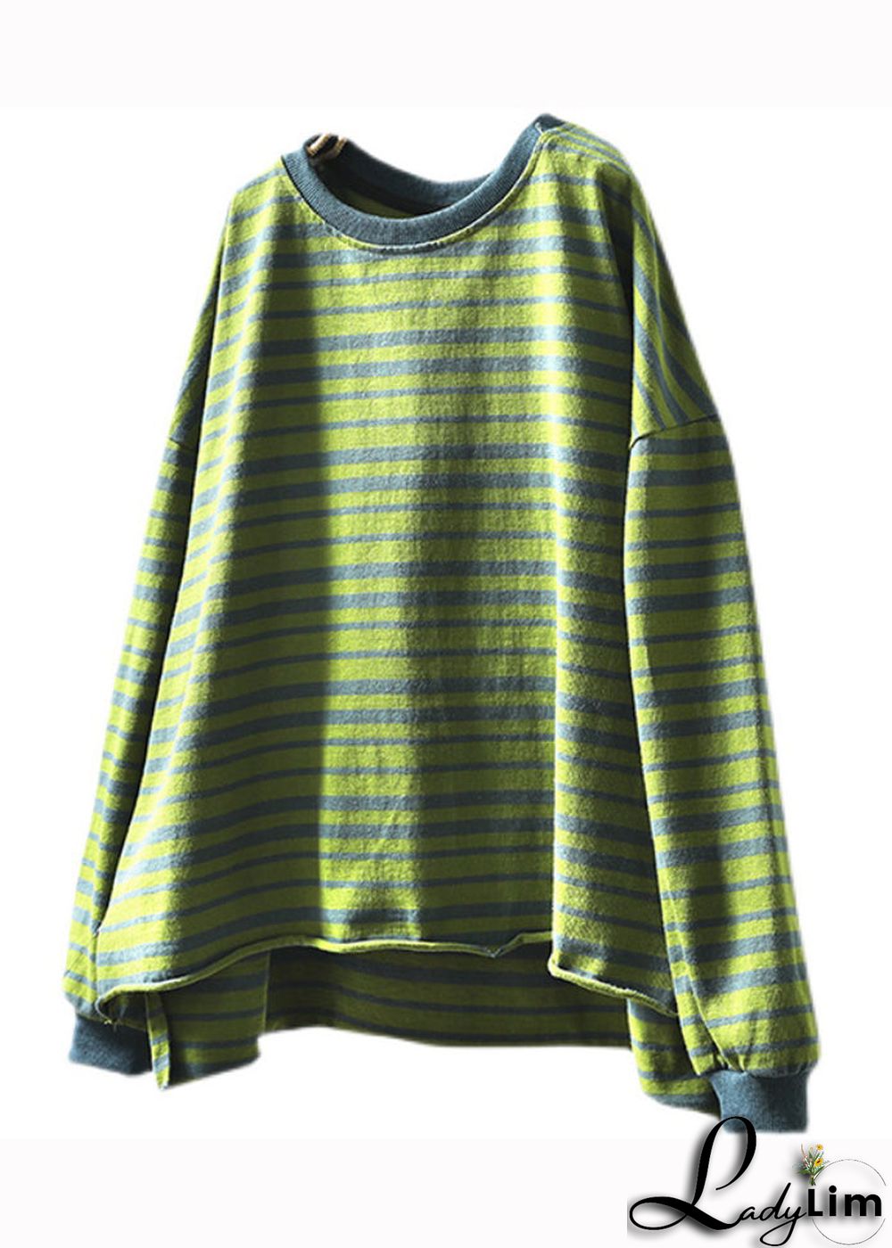 Plus Size Green O Neck Striped Patchwork Cotton T Shirt Top Fall