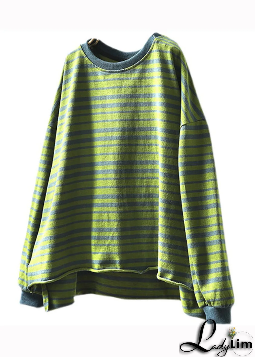 Plus Size Green O Neck Striped Patchwork Cotton T Shirt Top Fall