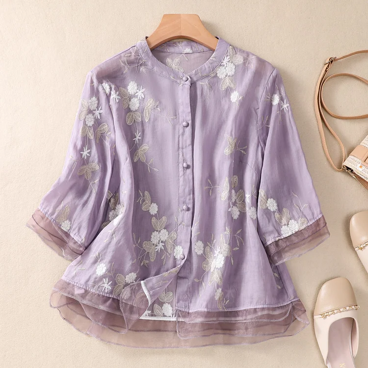 Women's Retro Embroidery Floral Splicing Thin Top Summer Tee