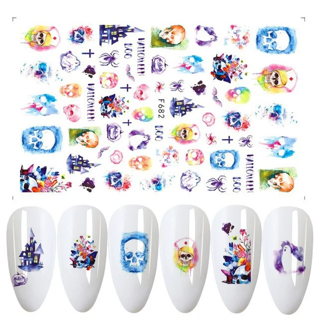 Nail Stickers Back Glue Halloween Skull Pumpkin Christmas Snowman Snowflake Designs Nail Decal Decoration Tips For Beauty Salons