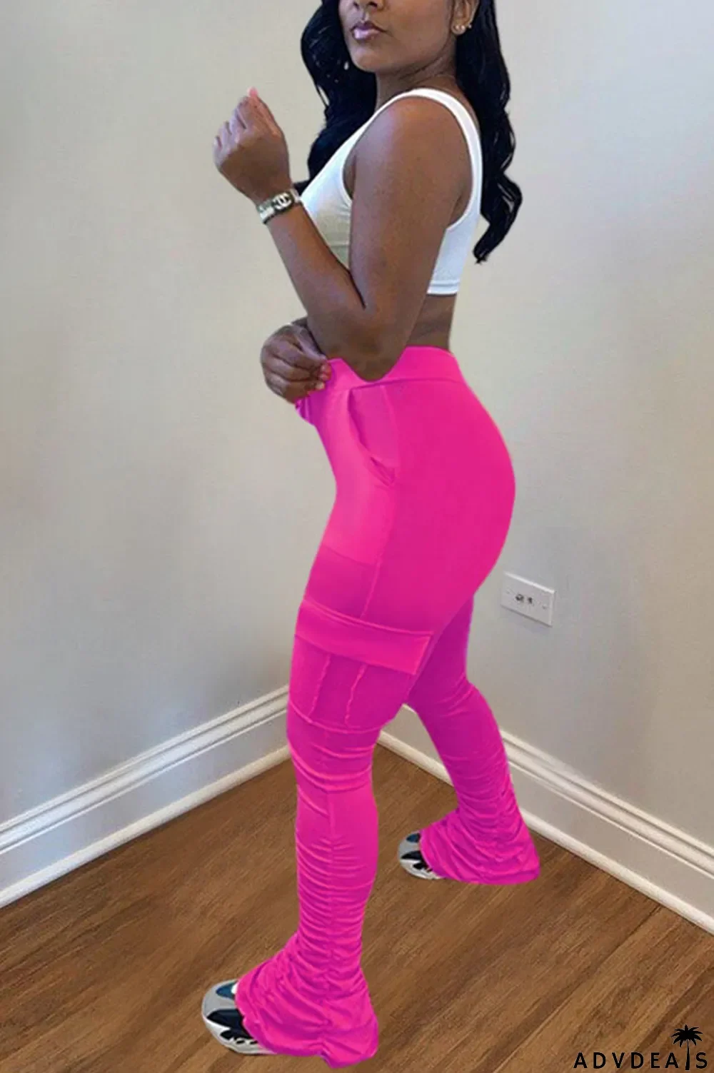 Orange Drawstring High Solid Pocket Draped Boot Cut Pants Bottoms