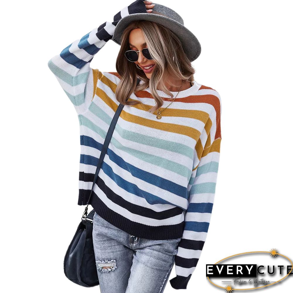 Orange Multicolor Stripes Loose Style Sweater