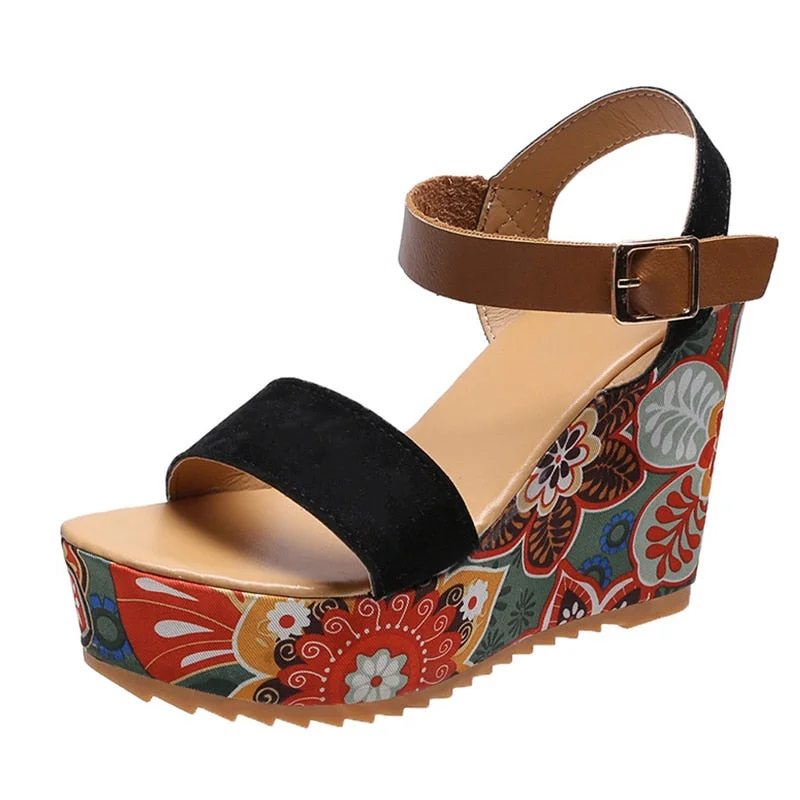 Women Sandals Shoes Printing Slope Heel High Waterproof Platform Ladies Ankle Strap Female Round Toe Summer Fashion Colorful