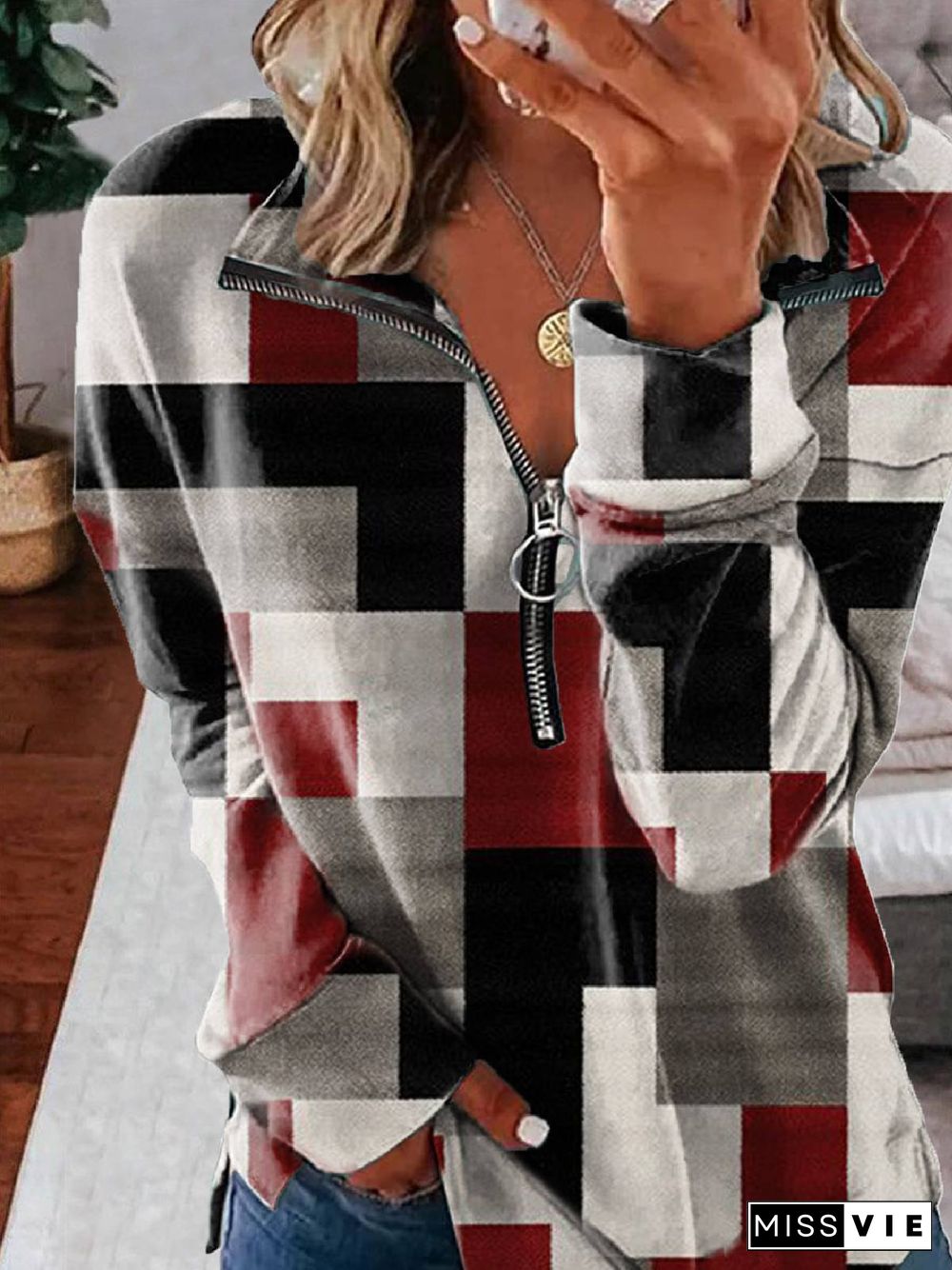 Casual Lapel Geometric Sweatshirts