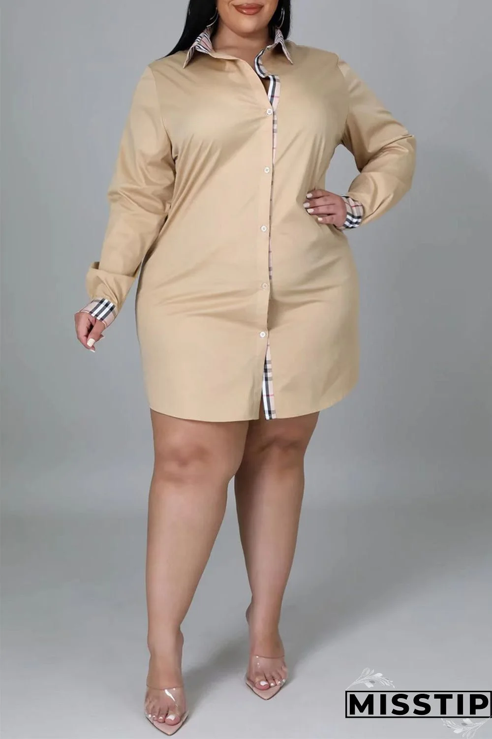 Khaki Fashion Casual Plus Size Print Patchwork Turndown Collar Shirt Dress