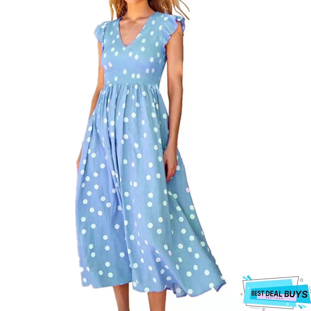 Women's V-Neck Waist, Large Skirt and Polka Dot Print Dress