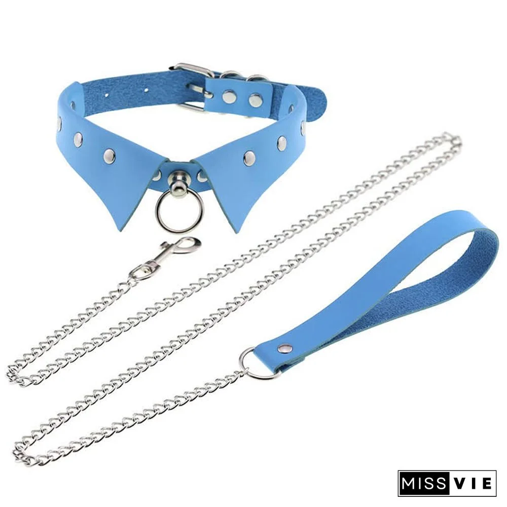 Punk Collar Design Leather Chocker With Hauling Chain