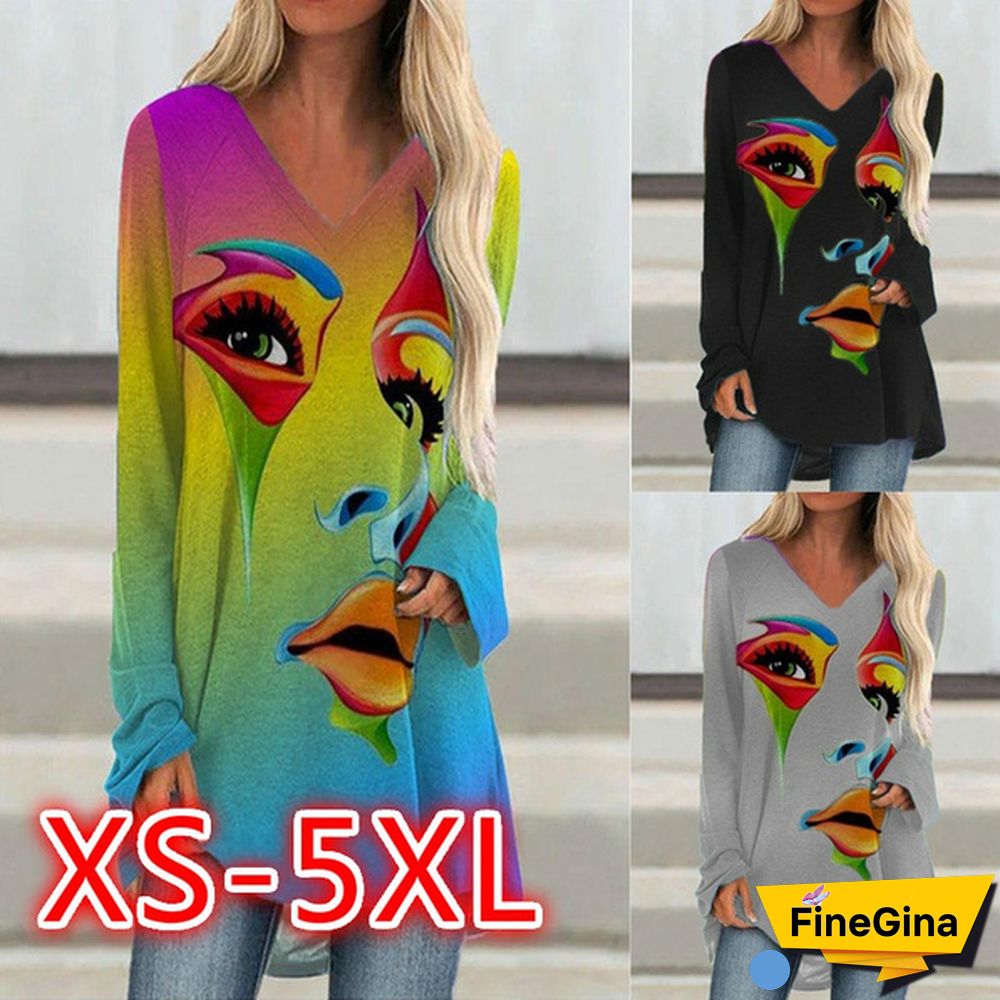 Women Fashion Casual Printed V Neck Long Sleeved Shirts & Tops Graffiti Print T-shirt
