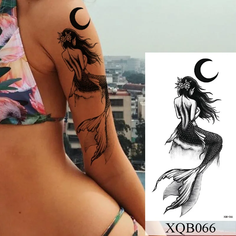 Waterproof Temporary Tattoo Sticker Moon Sea Mermaid Flash Tattoos Flowers Skull Dragon Body Art Arm Fake Tatoo Women Men
