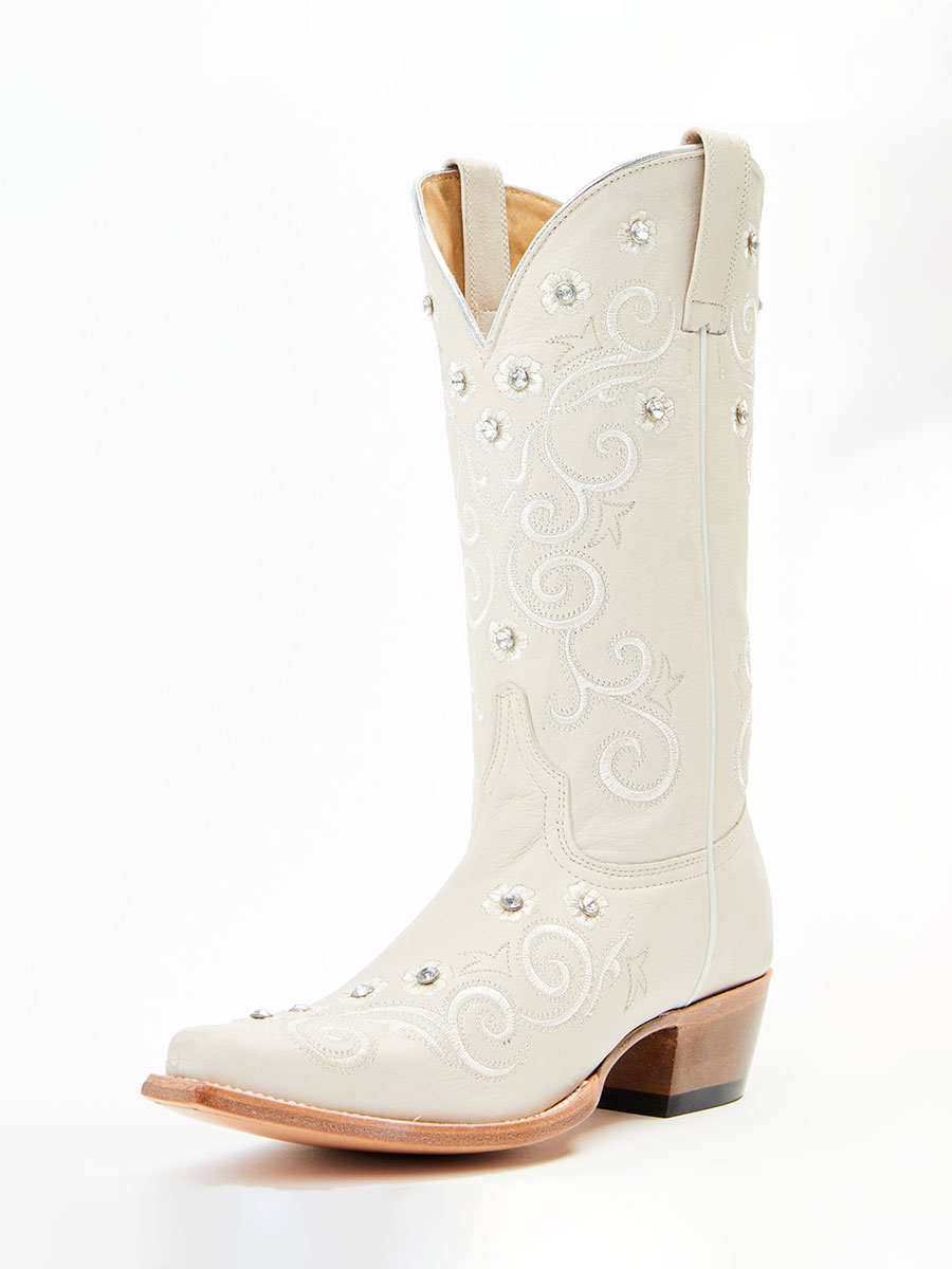 White Snip Toe Rhinestone Floral Embroidered Mid-Calf Cowgirl Boots