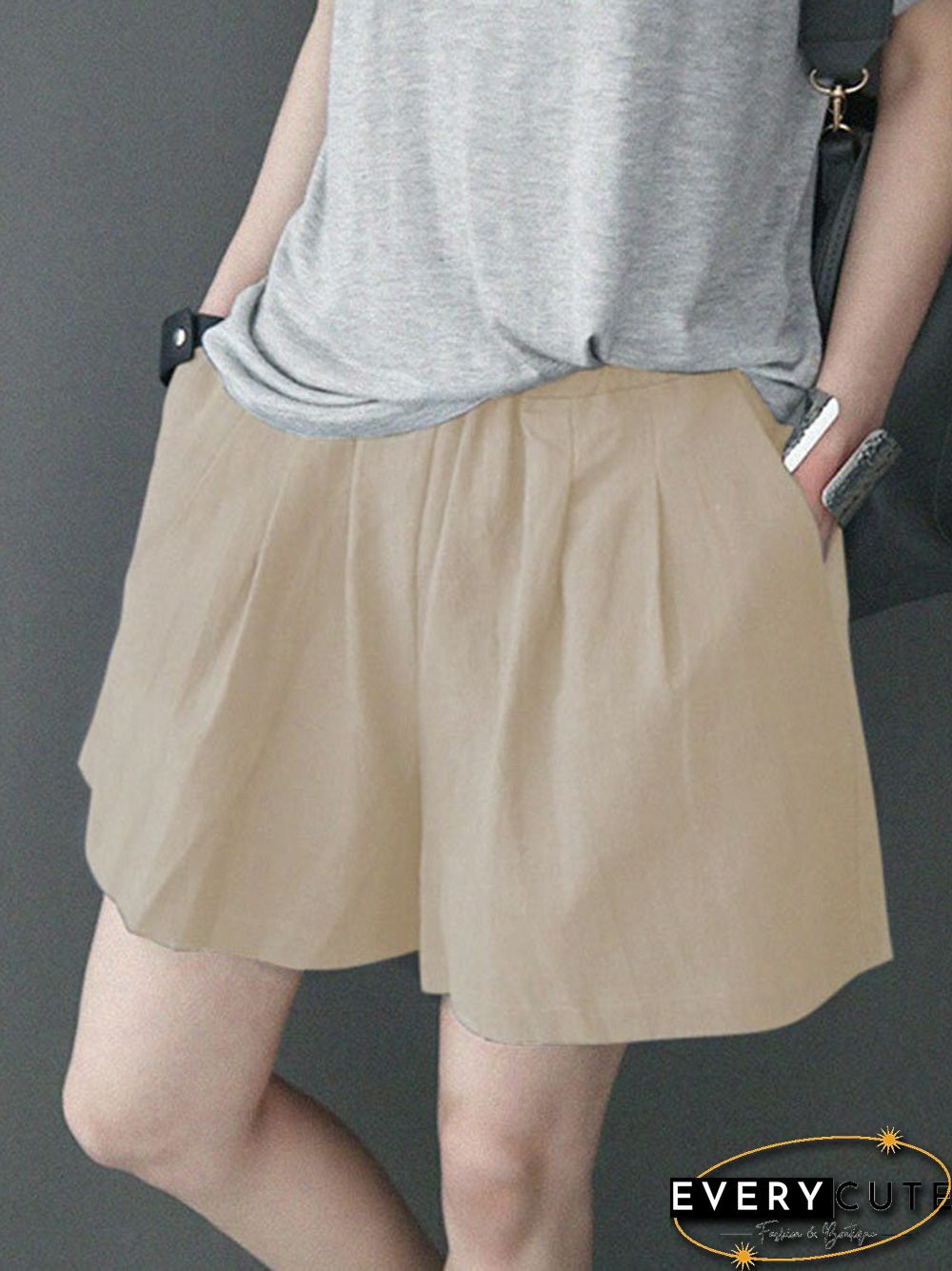 Leisure Solid Ruched Pocket Cotton Shorts