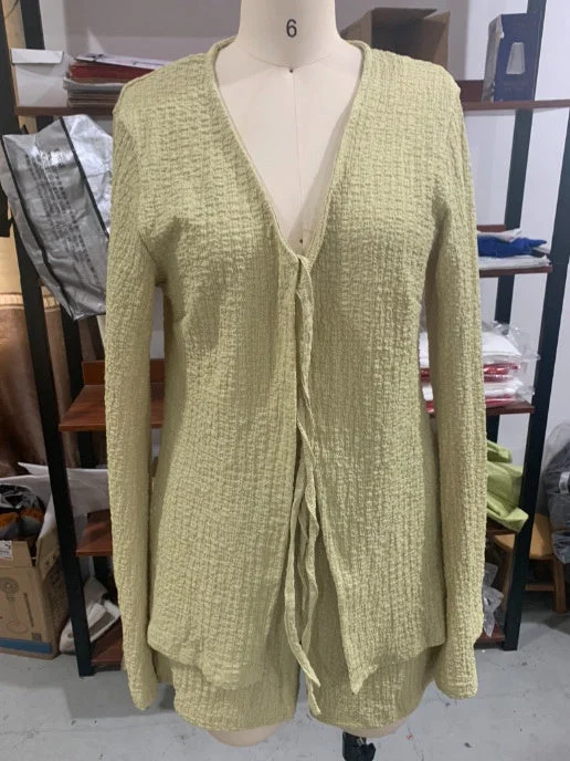 Women's Long Sleeve V-neck Lace-up Casual Solid Color Set