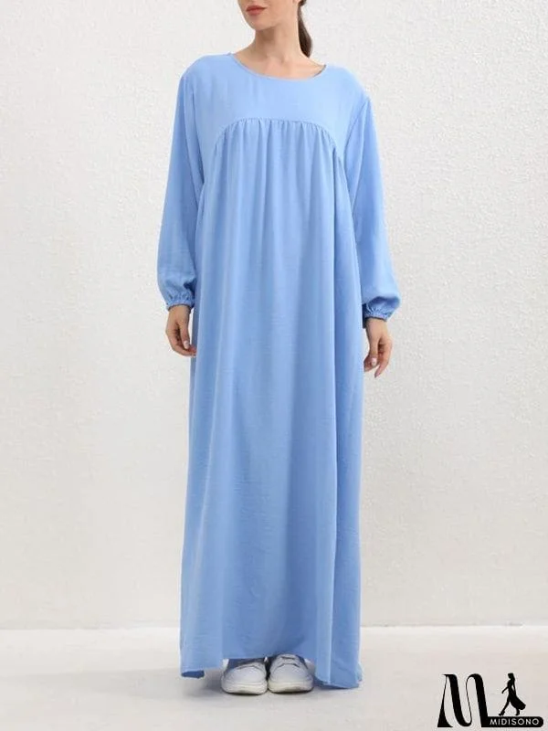 MidiSono - Long Sleeves Loose Pleated Solid Color Split-Joint Round-Neck Maxi Dresses