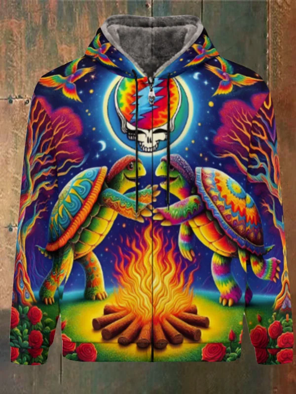 Unisex Skull Terrapin Print Double Layer Fleece Zip-Up Hooded Jacket