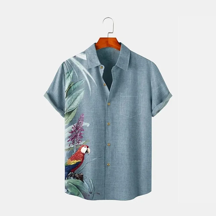 Simpfit Herren Retro Tropische Palmenblätter Papagei Grafik Kunst Nachahmung aus Nachahmung aus Baumwolle und Leinen Gemütliches Hemd
