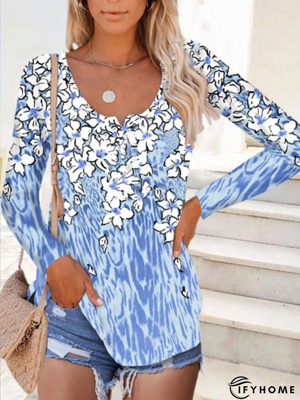 Blue Floral Printed Buttoned Shift Long Sleeve Casual Tunic Top | IFYHOME