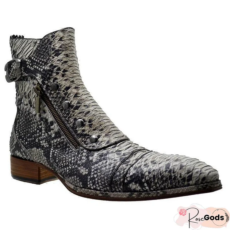 Men's Retro Snake Pattern Button Ankle Boots