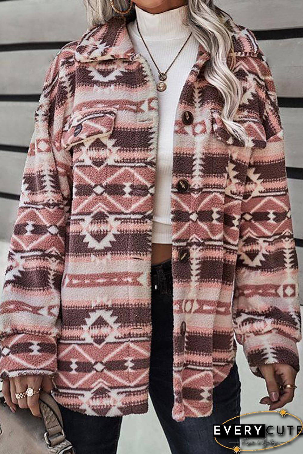 Pink Tribal Print Pocket Buttoned Sherpa Jacket