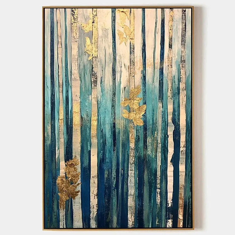 AZURE FOREST: Vertical Abstract Forest Oil Painting with Gold Leaf（Canvas painting）
