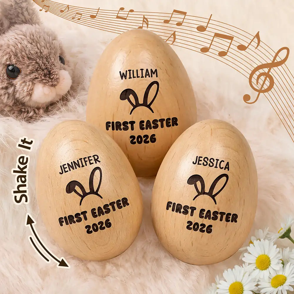 Personalized First Easter Musical Wooden Egg Shaker | Custom Baby Keepsake First Easter With Custom Name Personalized Kids Musical Instrument