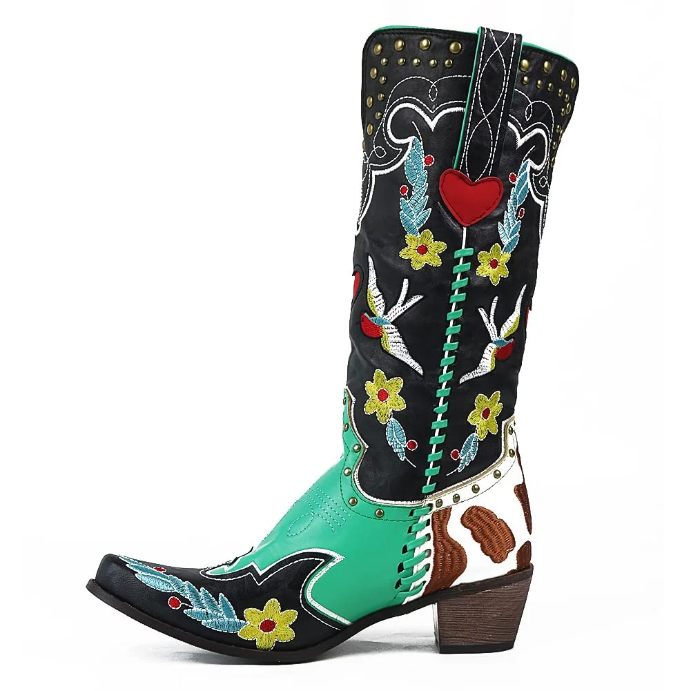 Qengg Western Cowboy Women Boots Cowgirl Mid Calf Boots Heart Retro Embroidered Slip On Chunky Casual Spring Shoes Woman