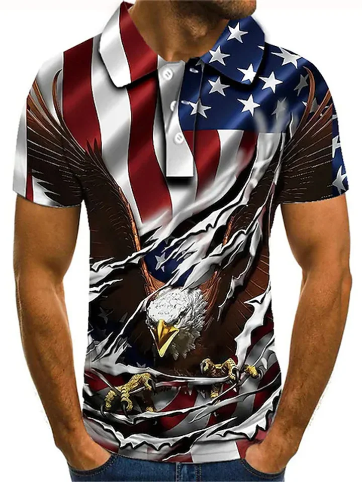Men's Collar Polo Shirt Golf Shirt Tennis Shirt Graphic Prints Eagle American Flag National Flag Collar Green Blue Dark Green Red Black 3D Print Street Casual Short Sleeve Button-Down Clothing Apparel-Hoverseek
