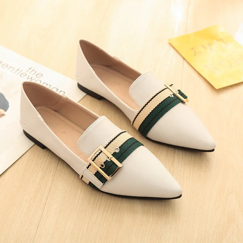 Pointed Toe Flats Womens Metal Buckle Single Shoes Cloth Belt Ballerina Loafers Slip On Lady Office Shoes Dress Leather Creepers