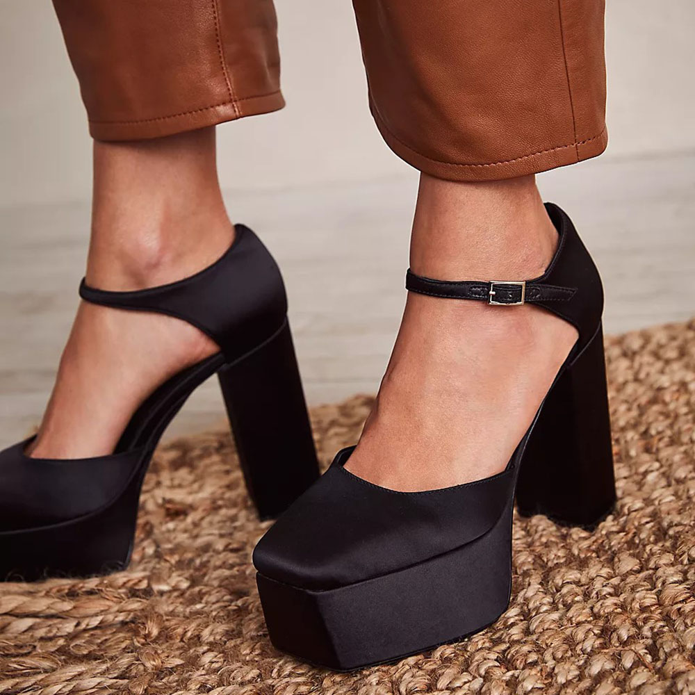 Satin Square Toe Ankle Strap Chunky Heel Black Pumps with Platform Nicepairs