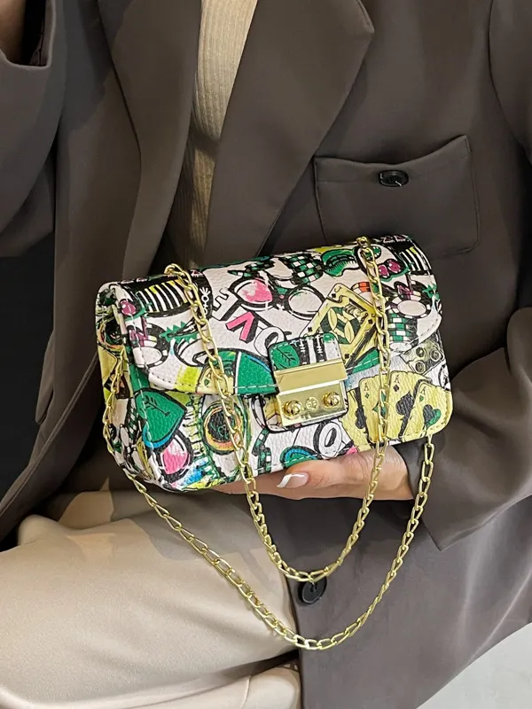 Zipper Printed Chains Crossbody Bags GREEN-One_size