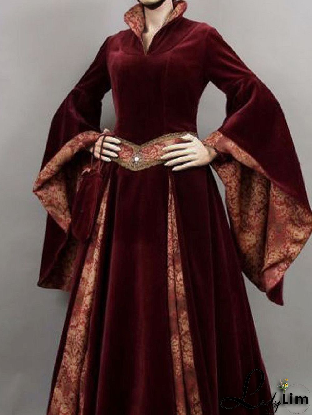 Elegant Floral Patchwork Stand Collar Flare Sleeve Velvet Maxi Dress