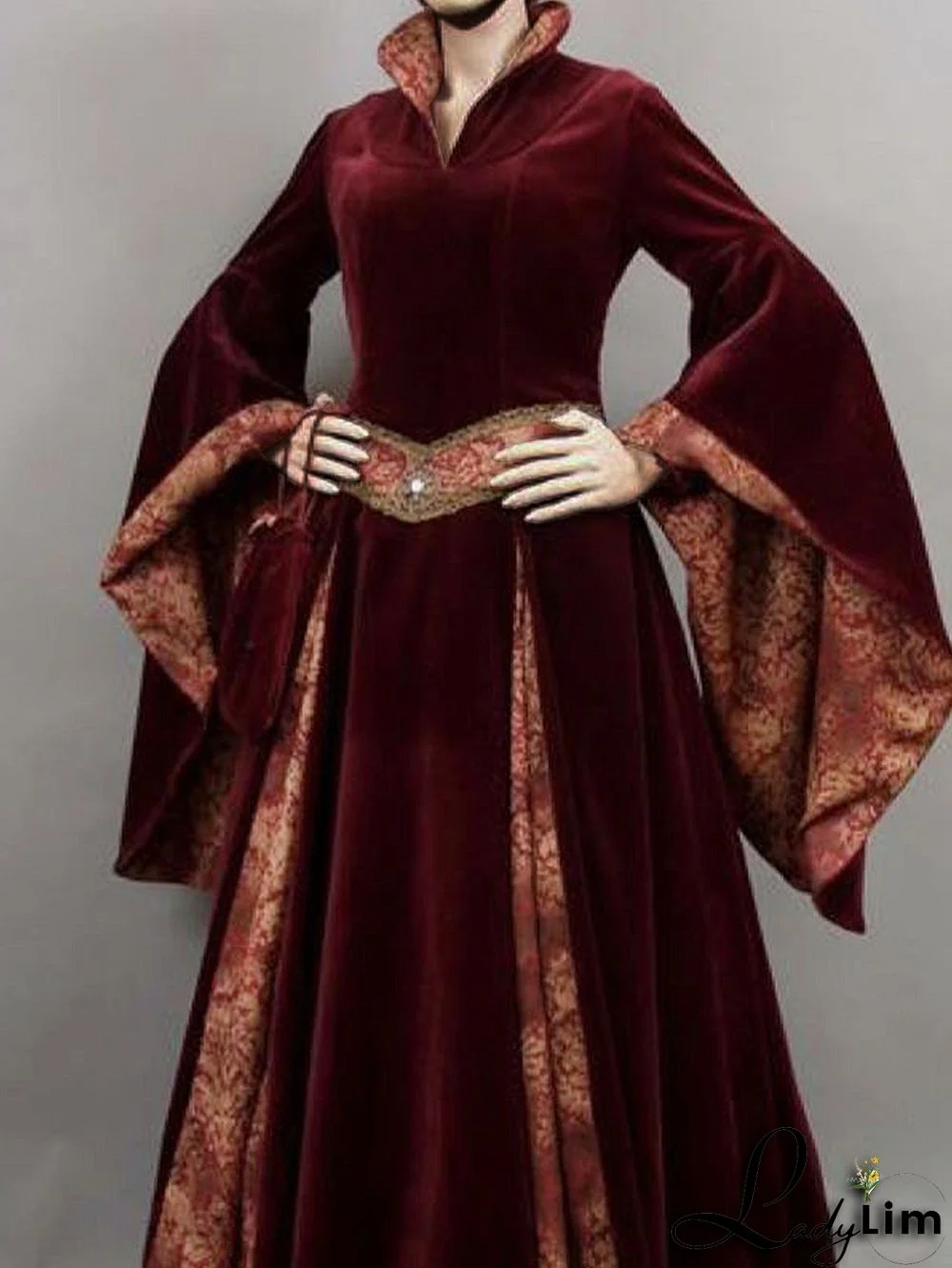 Elegant Floral Patchwork Stand Collar Flare Sleeve Velvet Maxi Dress