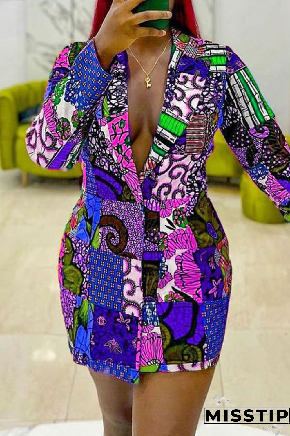 Blue Pink Fashion Casual Print Basic Turndown Collar Long Sleeve Dresses