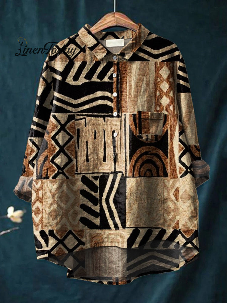 Women&rsquo;s Minimalist Abstract Geometry Art Print Casual Cotton And Linen Shirt Multicolor / S