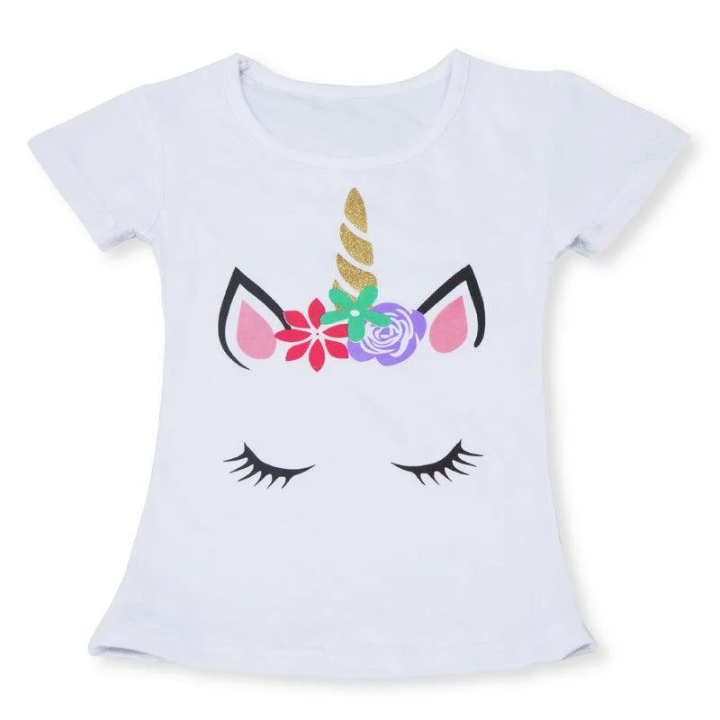 Fashion Unicorn Girls T-shirt Children Short Sleeves White Tees For Boys Baby Kids Cotton Tops For Girls Clothes 3 4 5 6 7 8 Yrs