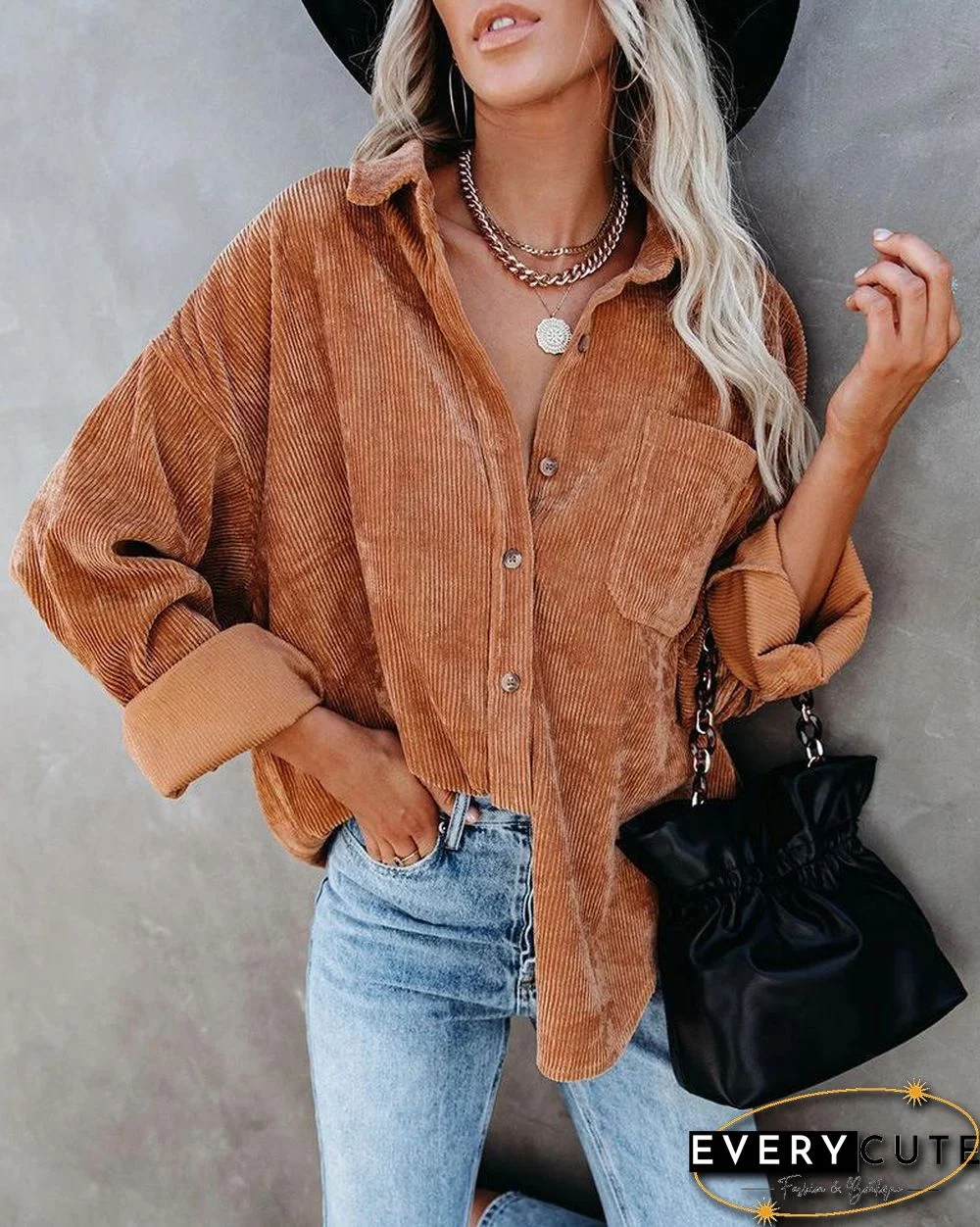 Lapel Loose Plain Long Sleeve Shirt Coat