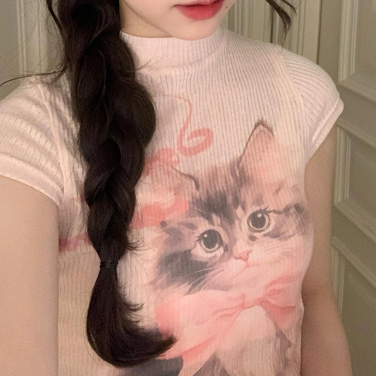 Gamistine Y2K Aesthetic Cat Print T-Shirt – Vintage Slim Grunge Crop Top for Women  
