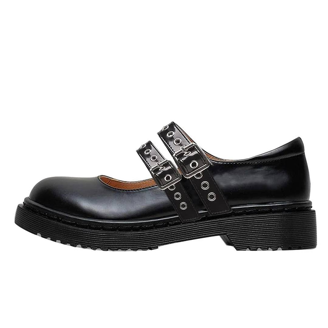 Black Vegan Leather Round Toe Studded Strappy Mary Jane Shoes 