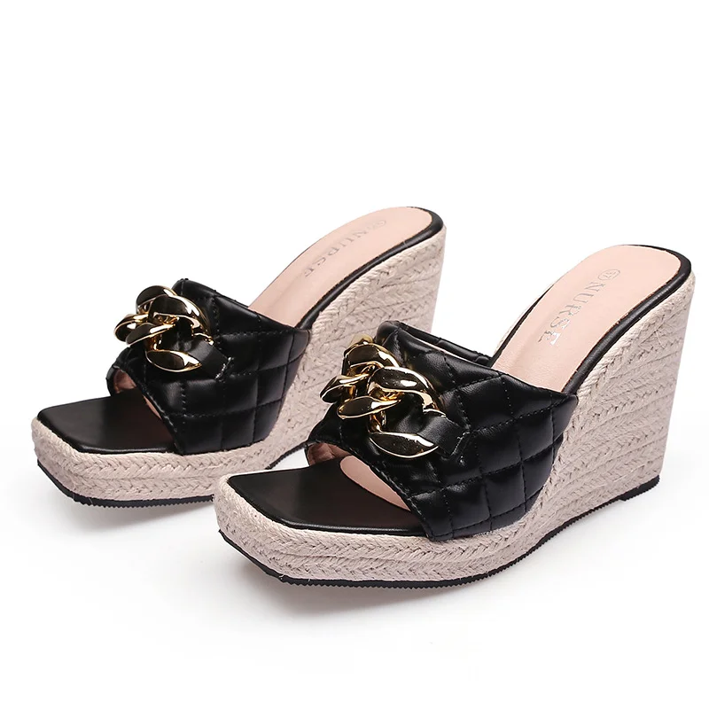 Wongn Wongn Summer Wedge Sandals Thick Square Toe Flip-Toe Female Metal Chain Straw Hemp Rope Bottom