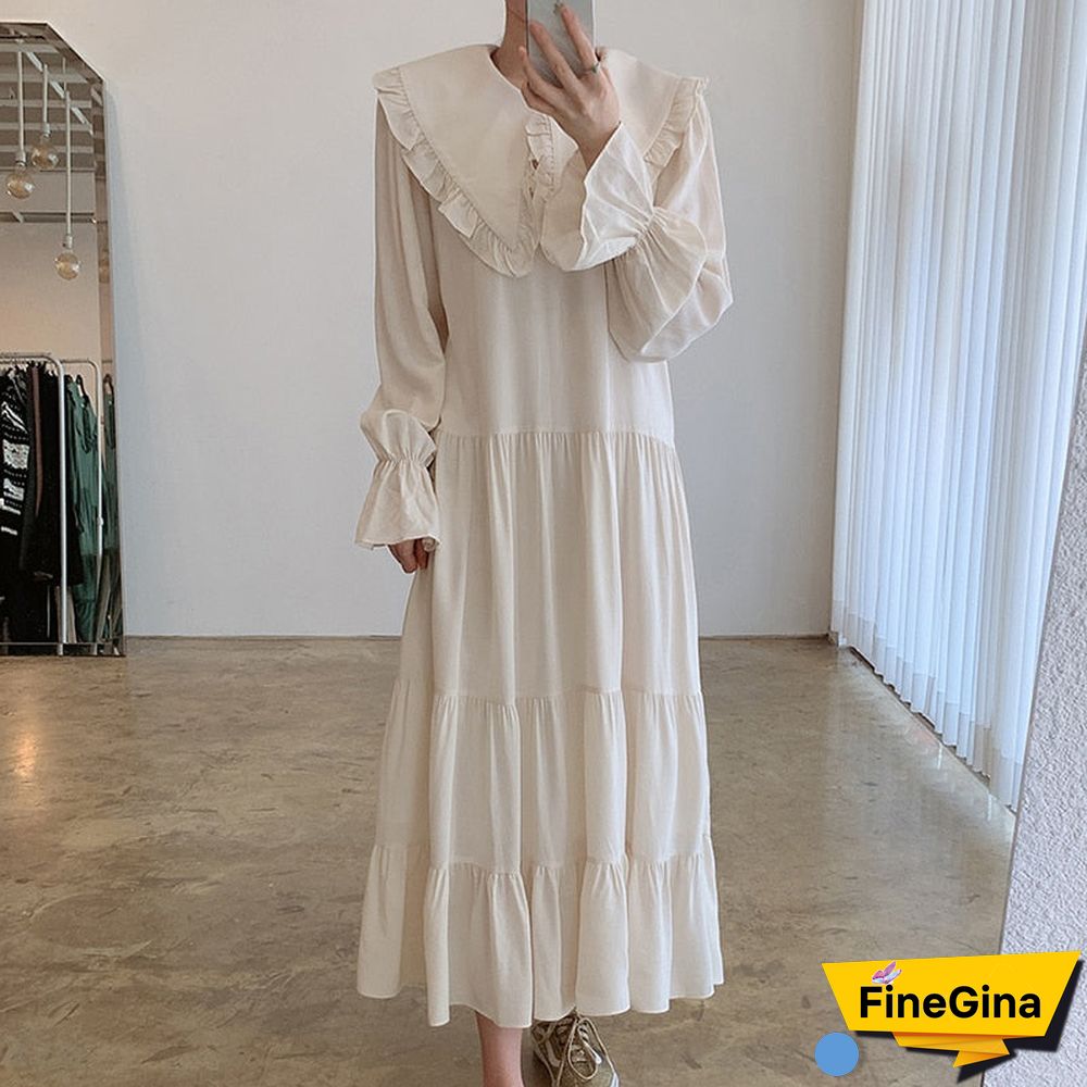 spring new peter pan collar cascading ruffles termperament long dress solid formal seaside robe all-match spring stylish