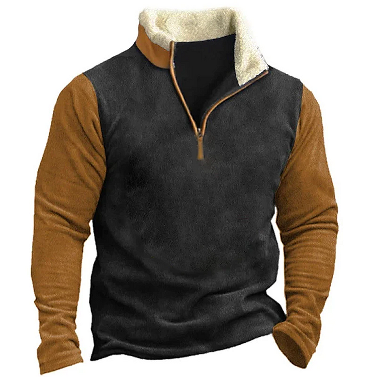 Mens Vintage Color Patchwork Outdoor Fur Collar Sweatshirt 306a