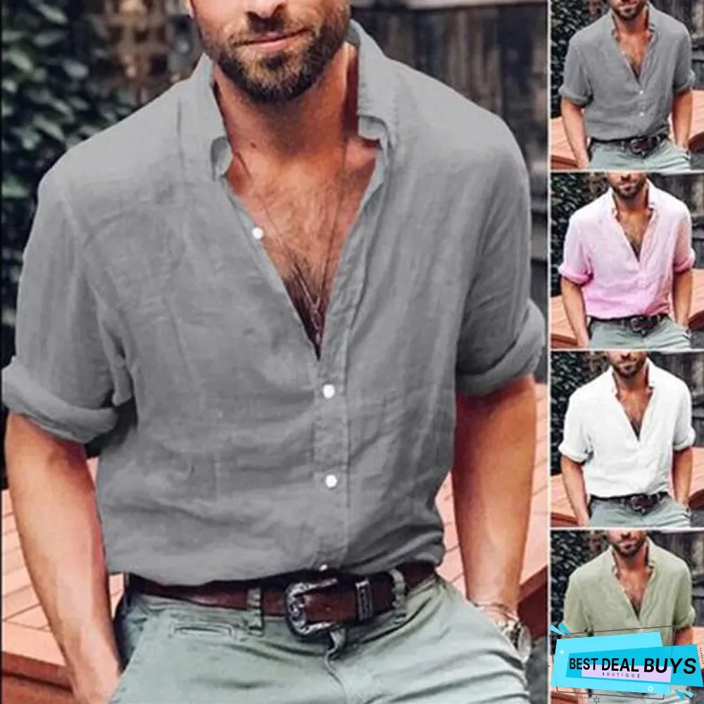 Men Casual V-Neck Solid Color Shirts