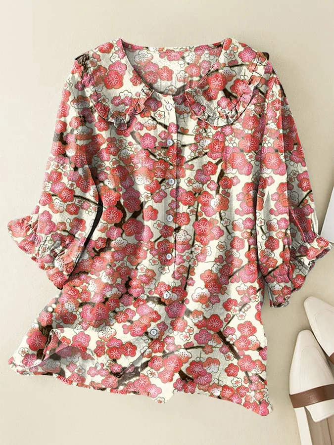 Japanese Sakura Cotton and Linen Peter Pan Ruffle Collar Shirt